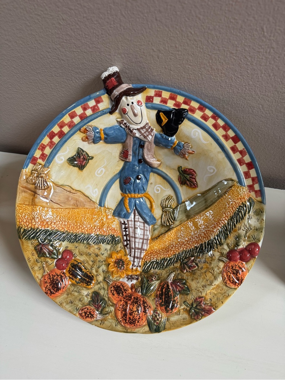 Scarecrow Fall Harvest ceramic bowl, sugar and cream dish vintage 4 piece set